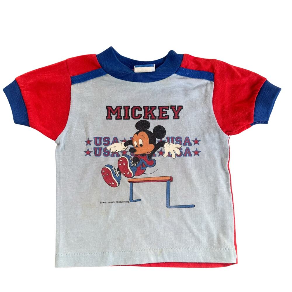 Vtg 1980s Mickey Mouse USA Gymnastics Single Stitch Raglan Tshirt Size 18M